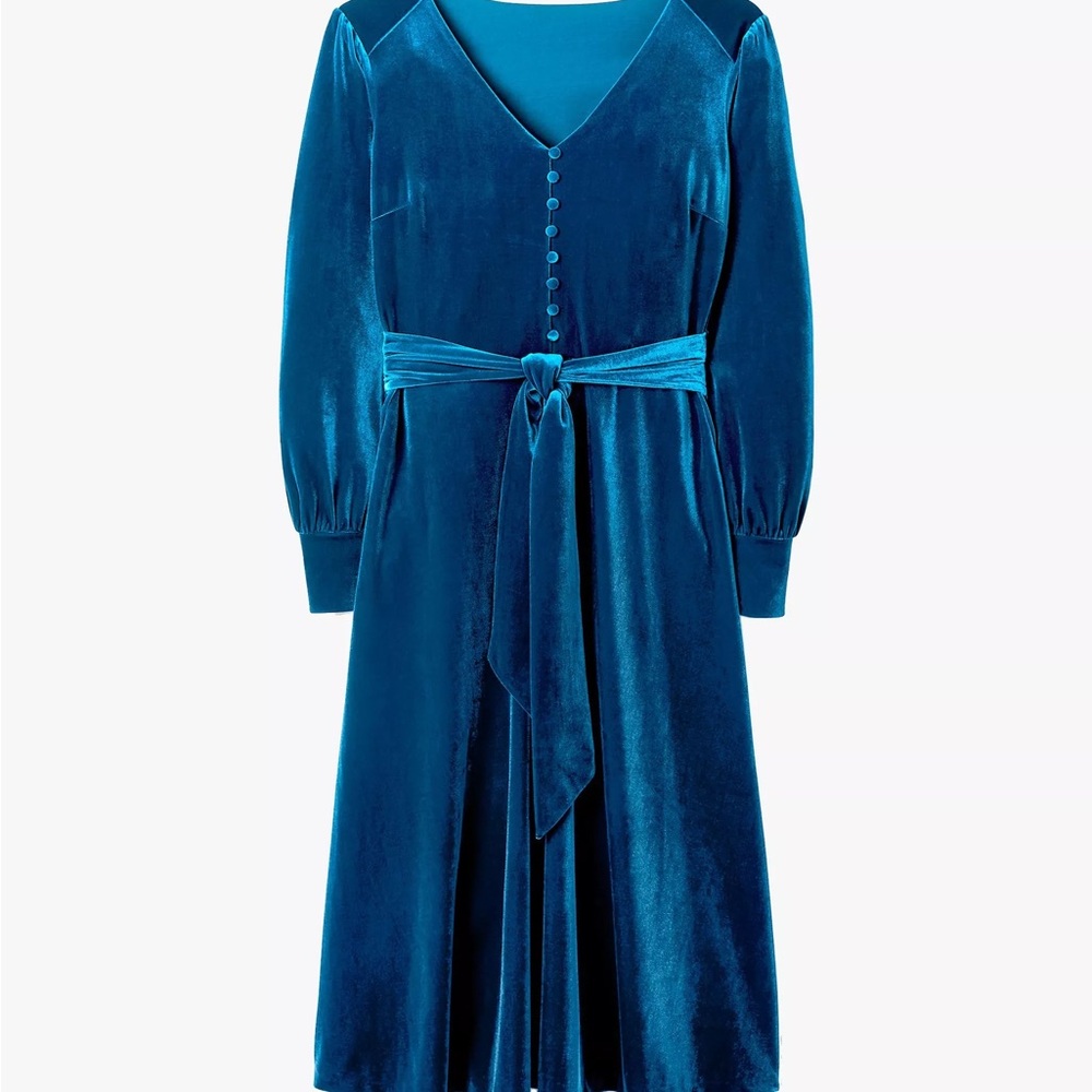 Boden Rita Elegant Blue Long Sleeve Velvet Dress - Picture 3 of 4